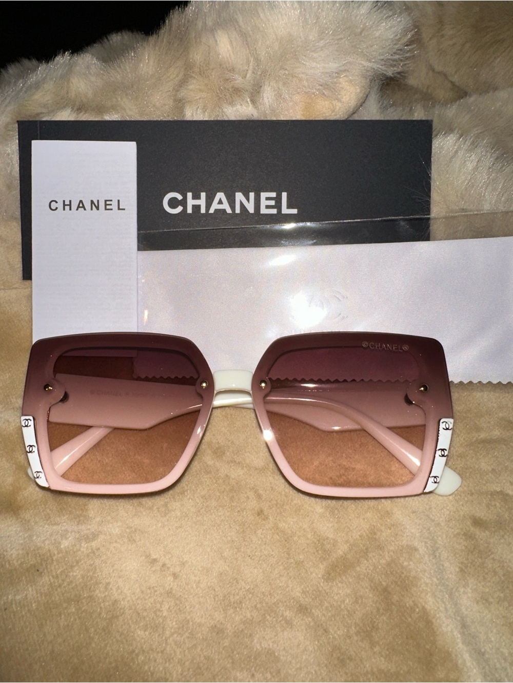 Chanel gradient square sunglasses featuring a soft pink-to-white colorway and si